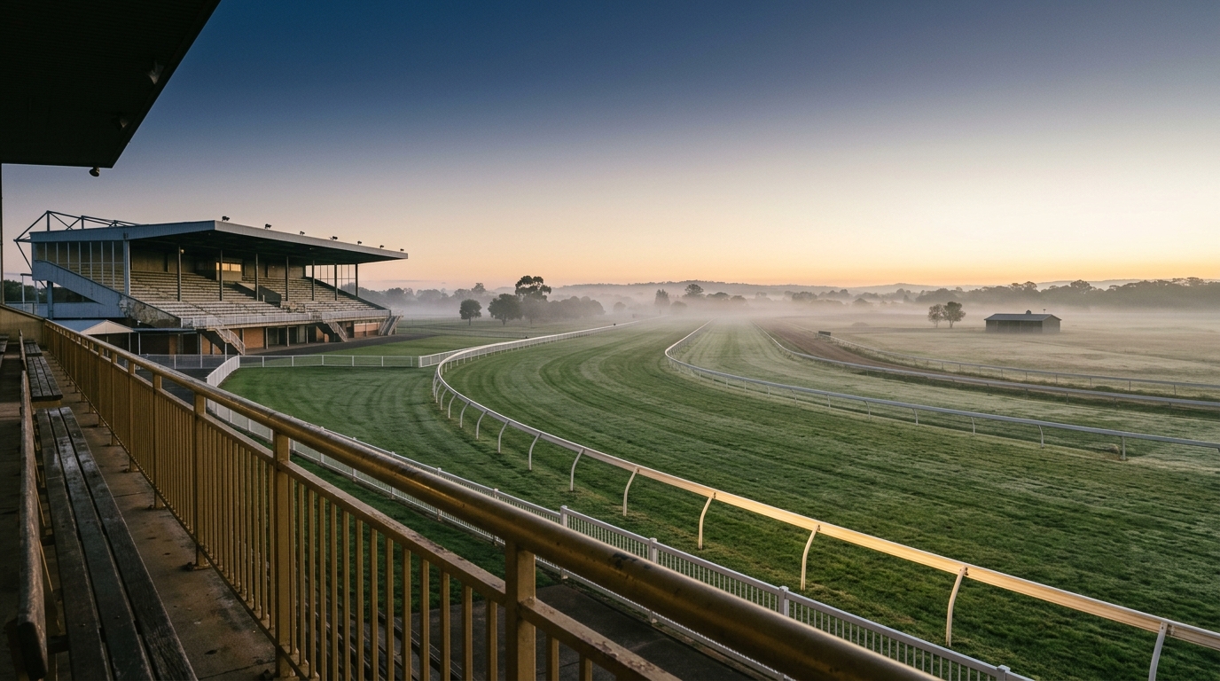 An Australian racecourse at dawn, seen from the grandstand rail